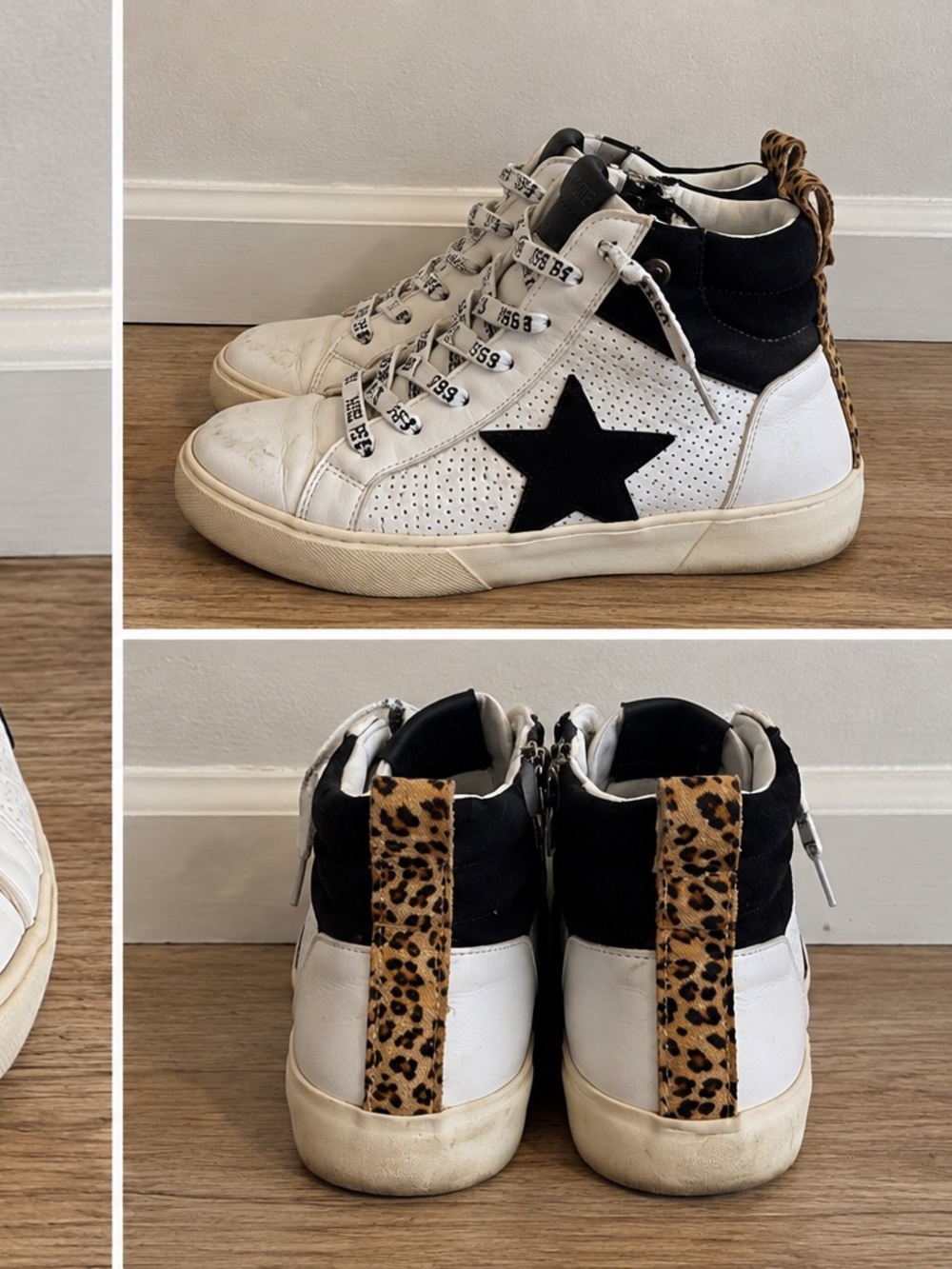 Vintage Havana White Black High-Top Sneakers with Leopard Heel Pull